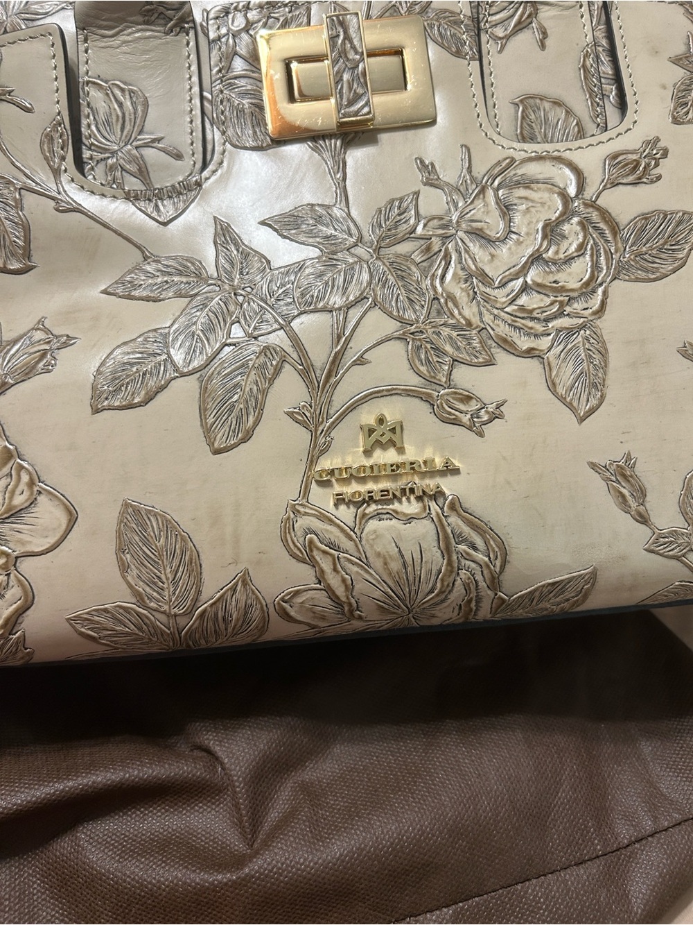 Floral Embossed Cream Satchel with Gold Accents